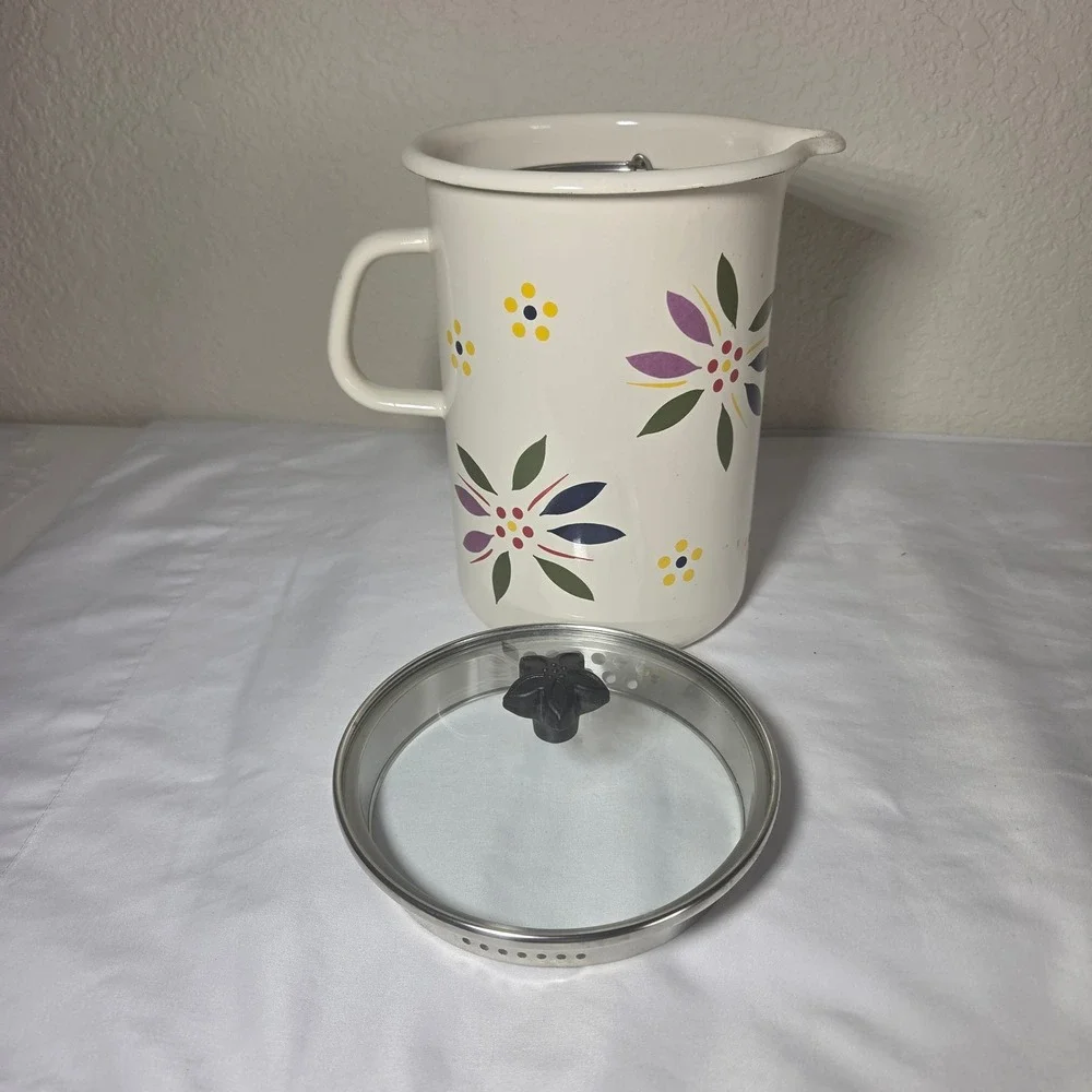 Temp-tations by Tara Enamelware Floral Pitcher Steamer Basket Glass Lid QQQ 16 T